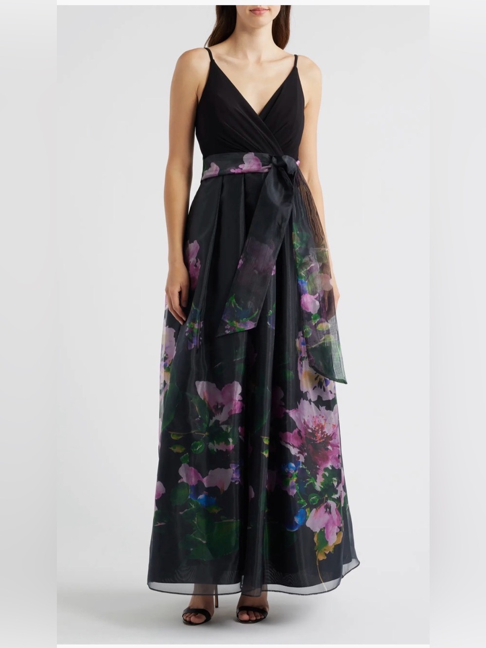 Eliza J Black Multi Placed Floral Mixed Media Gown WITHOUT Waist Strap Sz-10$248